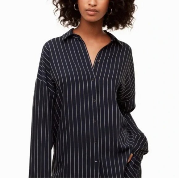 Aritzia Babaton Kearney Pinstripe Blouse Navy Women's Size Medium - Picture 13 of 13